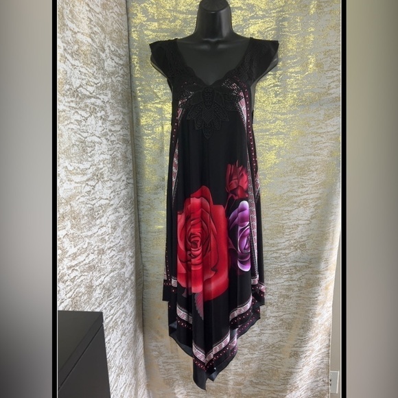 Asymmetrical Women’s Black/Red Rose And Purple Sundress - Picture 4 of 15